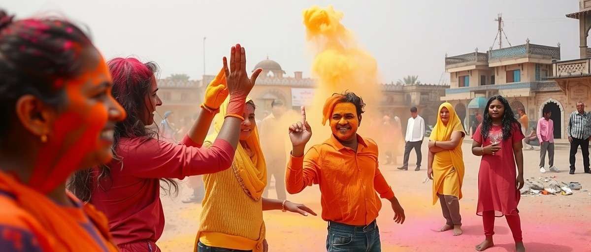 Holi Celebration in Dharbandora Dynamos Dharbandora Dynamos Holi event showing characters covered in colored powder celebrating in a village square