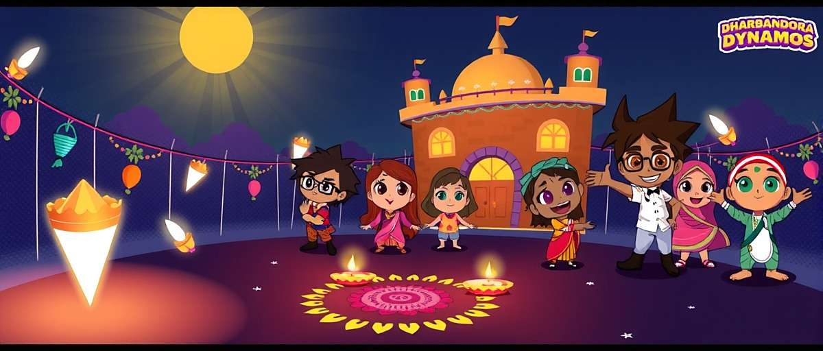 Diwali in Dharbandora Dynamos Dharbandora Dynamos Diwali celebration showing characters in festive clothing with village decorated with lights and rangoli