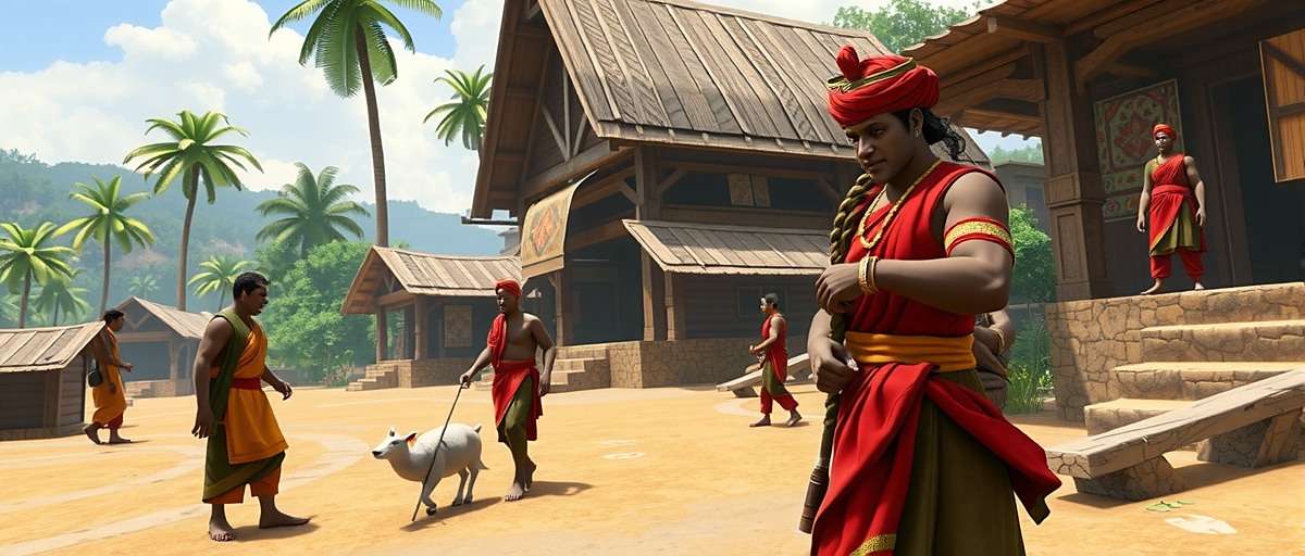 Dharbandora Dynamos Village Scene In-game screenshot of Dharbandora Dynamos showing village marketplace with Indian characters in traditional attire
